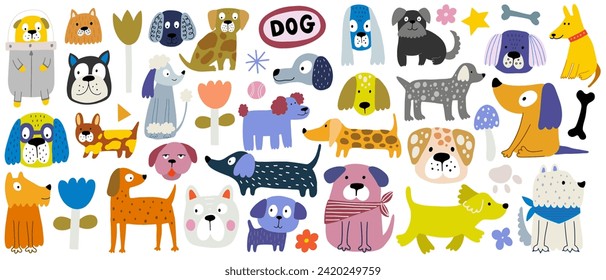 Funny dog, colorful flat illustration. Cute doggy collection, diverse domestic dogs.