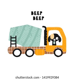 Funny dog in the concrete mixer. Kids simple graphic. Vector hand drawn illustration.