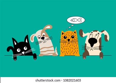 Funny dog and cute cat best friends. Colorful doodle animals. World Animal Day.  Vector illustration.