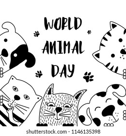 Funny dog and cute cat best friends. World animal day. Doodle style. Vector illustration.