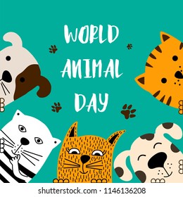 Funny dog and cute cat best friends. World animal day. Doodle style. Vector illustration.