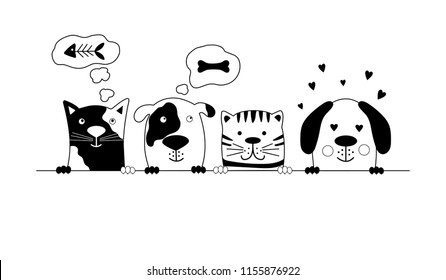 Funny dog and cute cat best friends. World animals day. Happy Friendship day. Vector illustration.