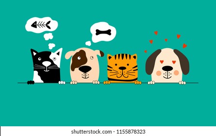 Funny dog and cute cat best friends.World animals day. Happy Friendship day. Vector illustration.