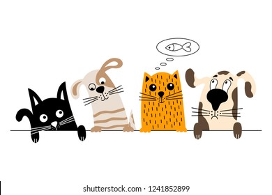 Funny dog and cute cat best friends. Colorful doodle animals.  Vector illustration.