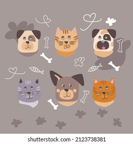 Funny dog and cute cat best friends. Happy friendship day. Vector illustration.