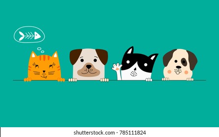 Funny dog and cute cat best friends. Happy friendship day. Vector illustration.