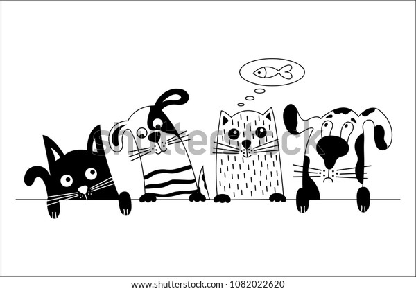 可笑しい犬と可愛い猫の親友 白黒の落書き風動物 ベクターイラスト のベクター画像素材 ロイヤリティフリー