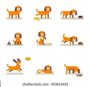 A Funny Dog In Different Poses And Situations. Icon Set Flat Design Vector Illustration Isolated On White Background.