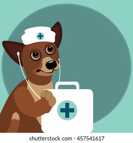 Funny Dog Doctor. To advertise a veterinary clinic, business cards, banners. Vector illustration