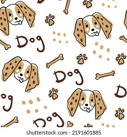Funny dog doodle seamless pattern. Cute hand drawn repeat vector illustration with falling pet head dog text spot paw print bone. Veterinary pet shop textile, wrapping, packaging concept design
