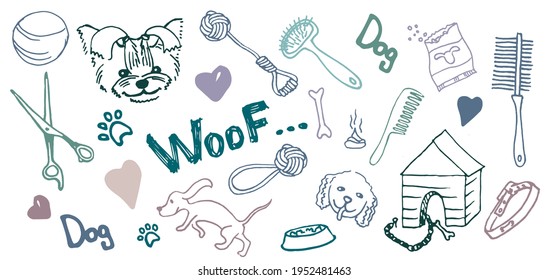 Funny dog doodles on the theme of grooming and grooming. Scandinavian illustration with dogs, paws, bone, dog collar, doghouse, dog bowl on a white background. Ideal for wallpaper, packaging, textiles