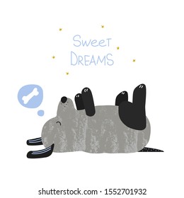 Funny dog dreaming
about bone. Kids print. Vector hand drawn illustration.