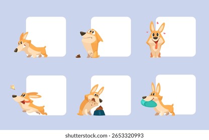 Perro divertido. Anuncios vacíos con divertido perro amarillo de dibujos animados en poses de acción