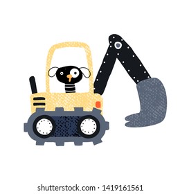 Funny dog in the excavator. Fashion kids print.Vector hand drawn illustration.