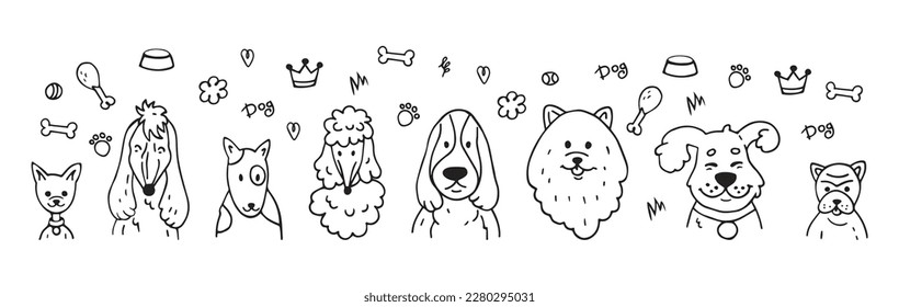 Funny dog faces, cute doodles. Pretty puppy pets different breeds, beauty sketch isolated elements for banner, adorable little veterinarian silhouettes. Vector tidy illustration background