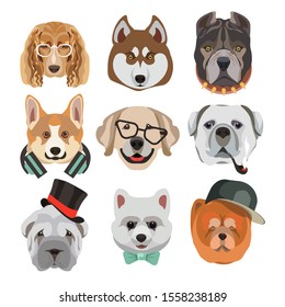 Funny dog faces or heads wearing glasses and hats or smoking pipe isolated icons vector. Cartoon animal muzzles emoji or stickers, puppies breeds. Pets with headphones and collar, cap and bow