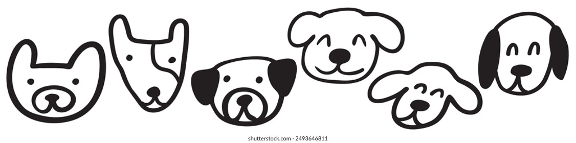 Caras de perro divertidas. Iconos de esquema. Diseño dibujado a mano. Ilustración vectorial sobre fondo blanco.