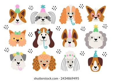 Caras de perro divertidas con emoción positiva establecida. Lindo cachorro bozal que lleva sombreros de fiesta ilustración vectorial. Adorables personajes de animales de compañía vestidos con gorra de carnaval que celebran cumpleaños u otro entretenimiento