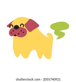 Funny dog is farting. Flat vector illustration on white background