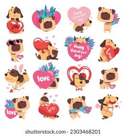 Perro divertido con flores Bouquet y San Valentín Corazón de Amor Gran Vector Set