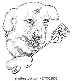 Funny dog with a fly - hand drawn realistic vector stylized as engraving