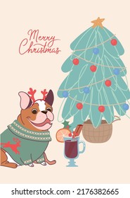 Funny dog French Bulldog on christmas card. Vector greeting card in flat style with lettering Merry Christmas.