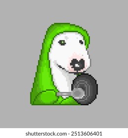 Funny dog ​​hitting a frying pan with a spoon, pixel art meme