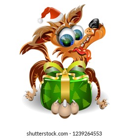 Funny dog and gift in a box. Vector image for the Christmas holiday.