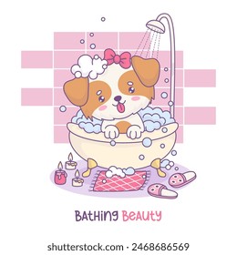 Divertida chica perro se baña en el baño con espuma en la ducha. Caricatura linda kawaii personaje animal. Ilustración vectorial. Colección de niños. Baño, higiene y belleza en el baño