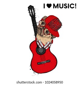 A funny dog with glasses and a guitar. Vector illustration.