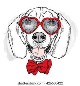 Funny dog with glasses and tie. Vector illustration for greeting card, poster, or print on clothes. 