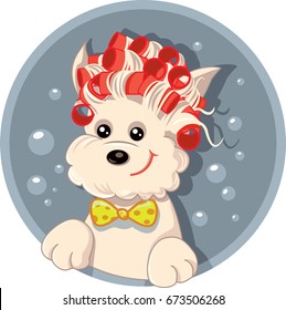 Funny Dog With Hair Rollers Pet Salon Vector Cartoon - Cute Puppy Wearing Curlers And Having A Bath
