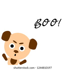 Funny dog with hands. Boo text. Greeting card. Cute cartoon character. Scary spirit. White background. Flat design puppy. Vector illustration. Happy Halloween.