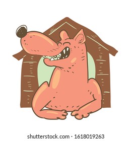 funny dog has been resting in his doghouse. cartoon style vector illustration. white background is in separate layer.