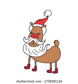 Funny dog in a hat with a beard looks like Santa Claus. Vector design, illustration on a white isolated background, sticker.Holiday