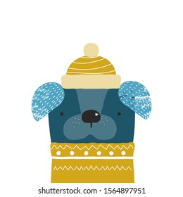 Funny dog with hat and scarf. Kids winter graphic. Vector hand drawn illustration.