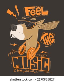 Funny dog with headphones and sunglasses. T-shirt Vector illustration