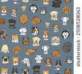 Funny dog heads breed collection illustrations seamless pattern.