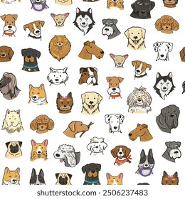 Funny dog heads breed collection illustrations seamless pattern.
