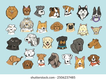 Funny dog heads breed collection illustrations set.