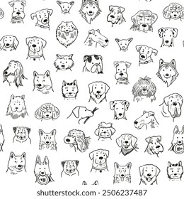 Funny dog heads breed collection illustrations seamless pattern.