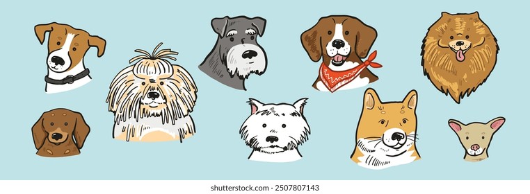 Funny dog heads breed collection illustrations set.