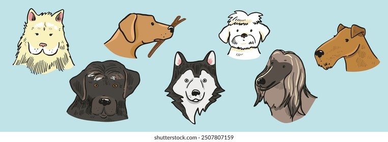 Funny dog heads breed collection illustrations set.