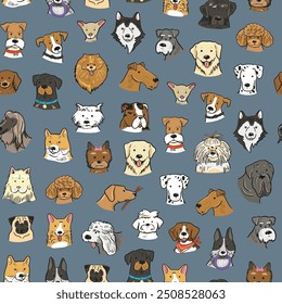 Funny dog heads breed collection illustrations seamless pattern.