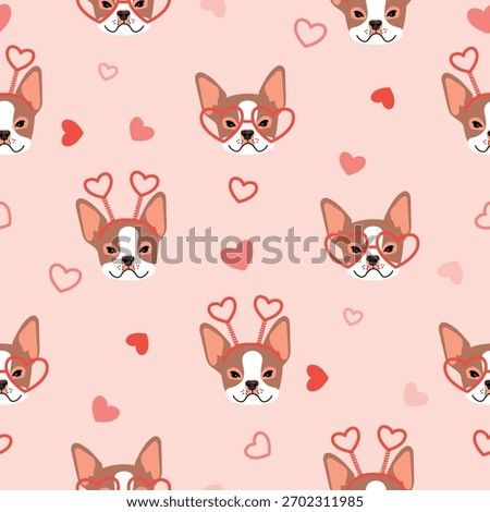 Funny dog with hearts seamless pattern. Cartoon dog heads with heart-shaped glasses and horns. Beige, pink and white colors. Cute print on fabric and paper. Vector romantic design for Valentine's Day.