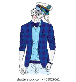 Funny dog - a hipster in a jacket and sunglasses. Vector illustration. Print on clothes, postcard or poster.