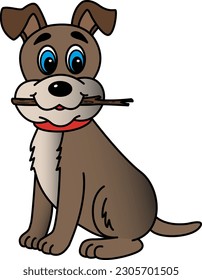 Funny Dog Holds a Stick. Vector Illustration of Cartoon Cute Puppy