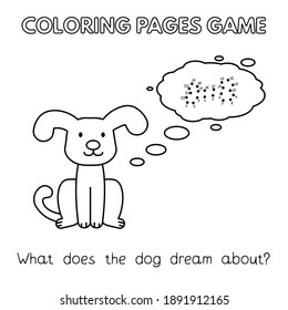 Funny dog kids learning game. Vector coloring book pages for children. Draw a dog dream. Dot to dot game