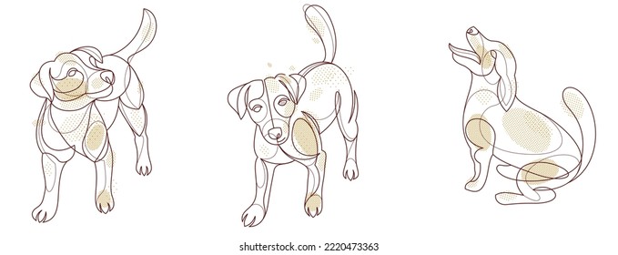 Funny dog linear vector illustrations set isolated, Jack Russel Terrier pet playful and cute, adorable dog.
