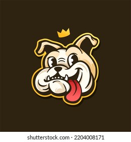 Funny Dog Mascot Illustration with King Crown. Isolated  Bulldog mascot design on dark background